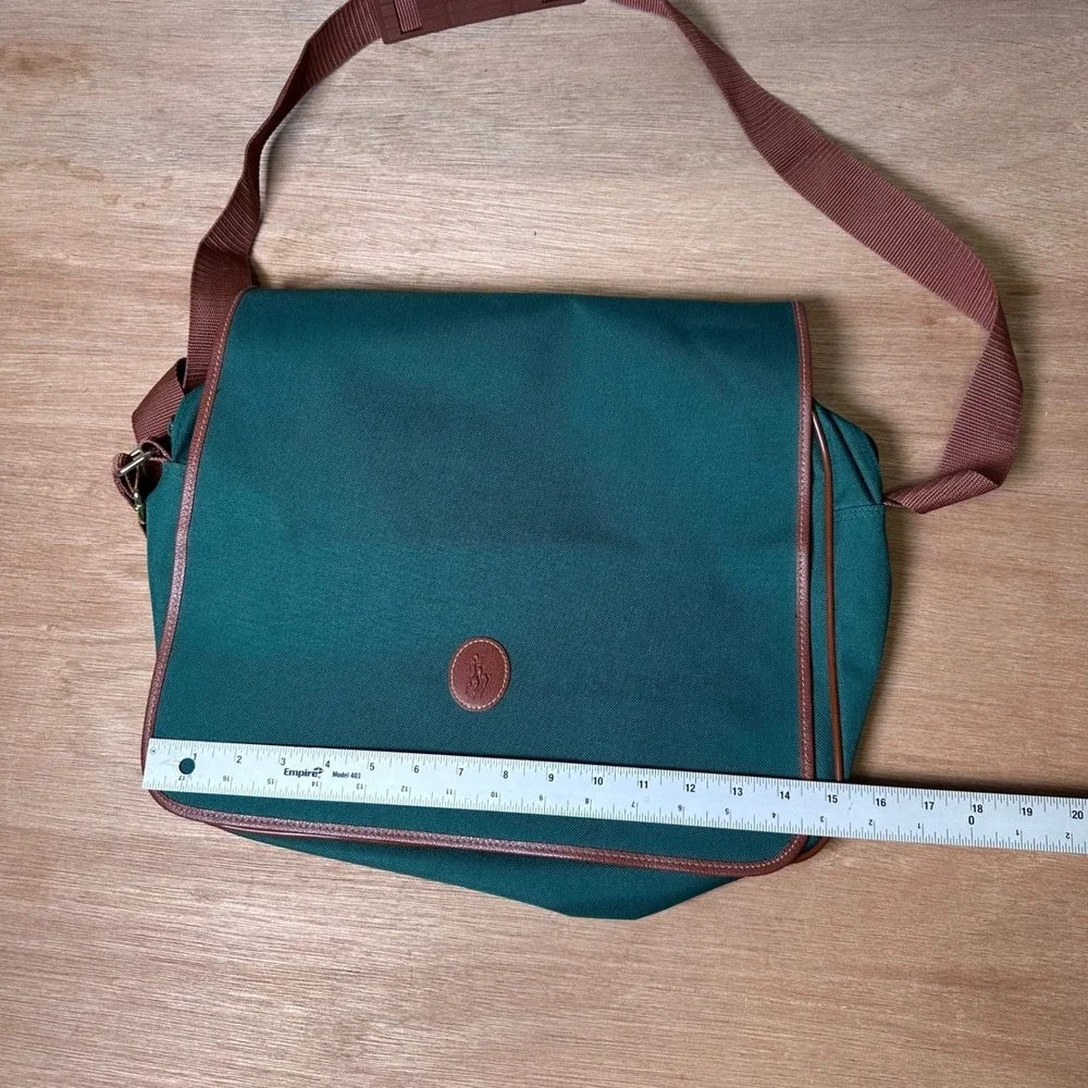 Polo Ralph Lauren Messenger Bag Teal Green Canvas Brown Trim Vintage Crossbody
